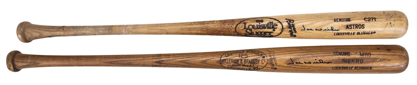 Lot of (2) Joe Niekro Houston Astros Bats Including Game Used and Signed 1977-79 HB M110 Model Bat (PSA/DNA GU 8 & JSA)